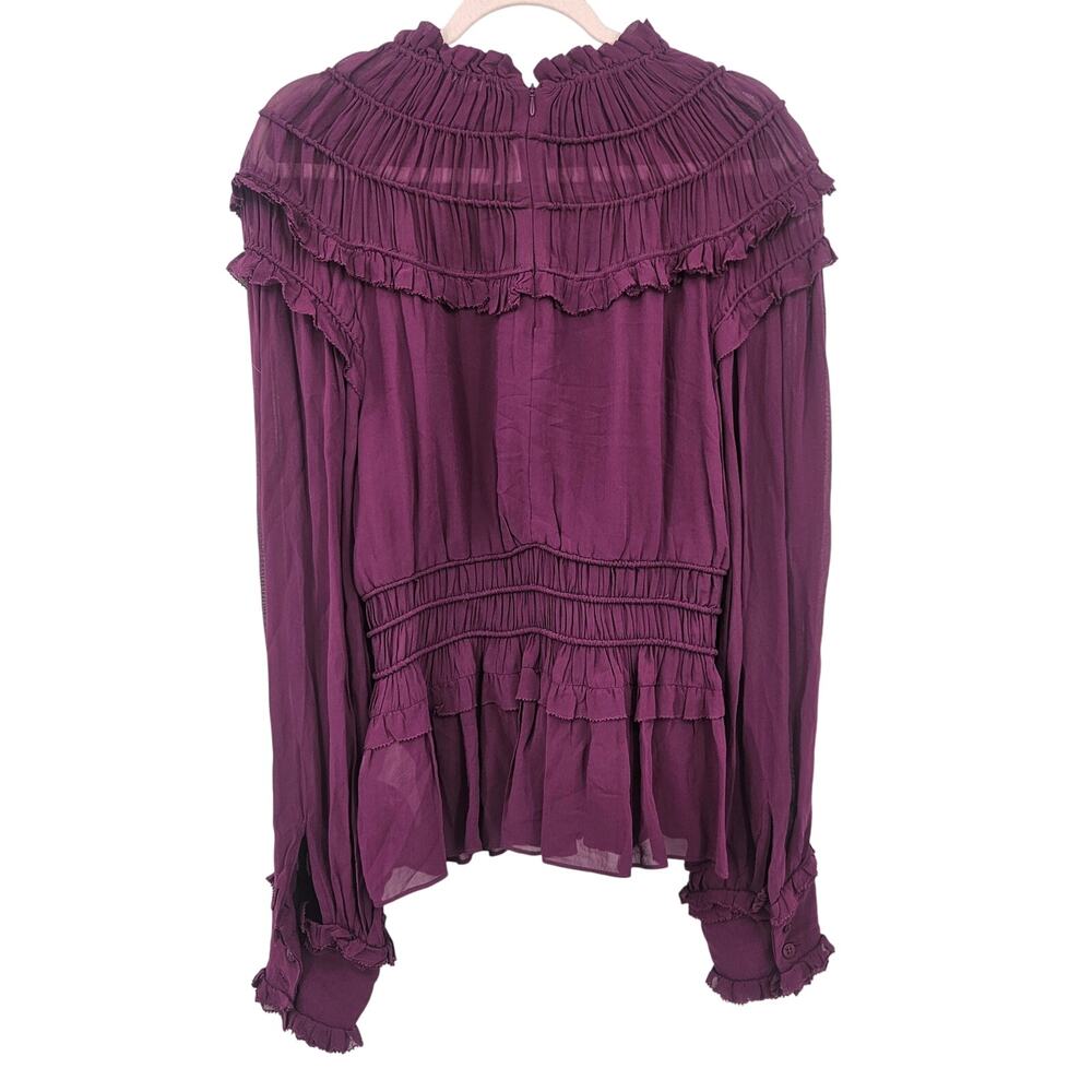 Farm Rio Chiffon Ruffled Blouse in Bordeaux Sz Large Eggplant Purple Peplum NEW - Picture 8 of 15